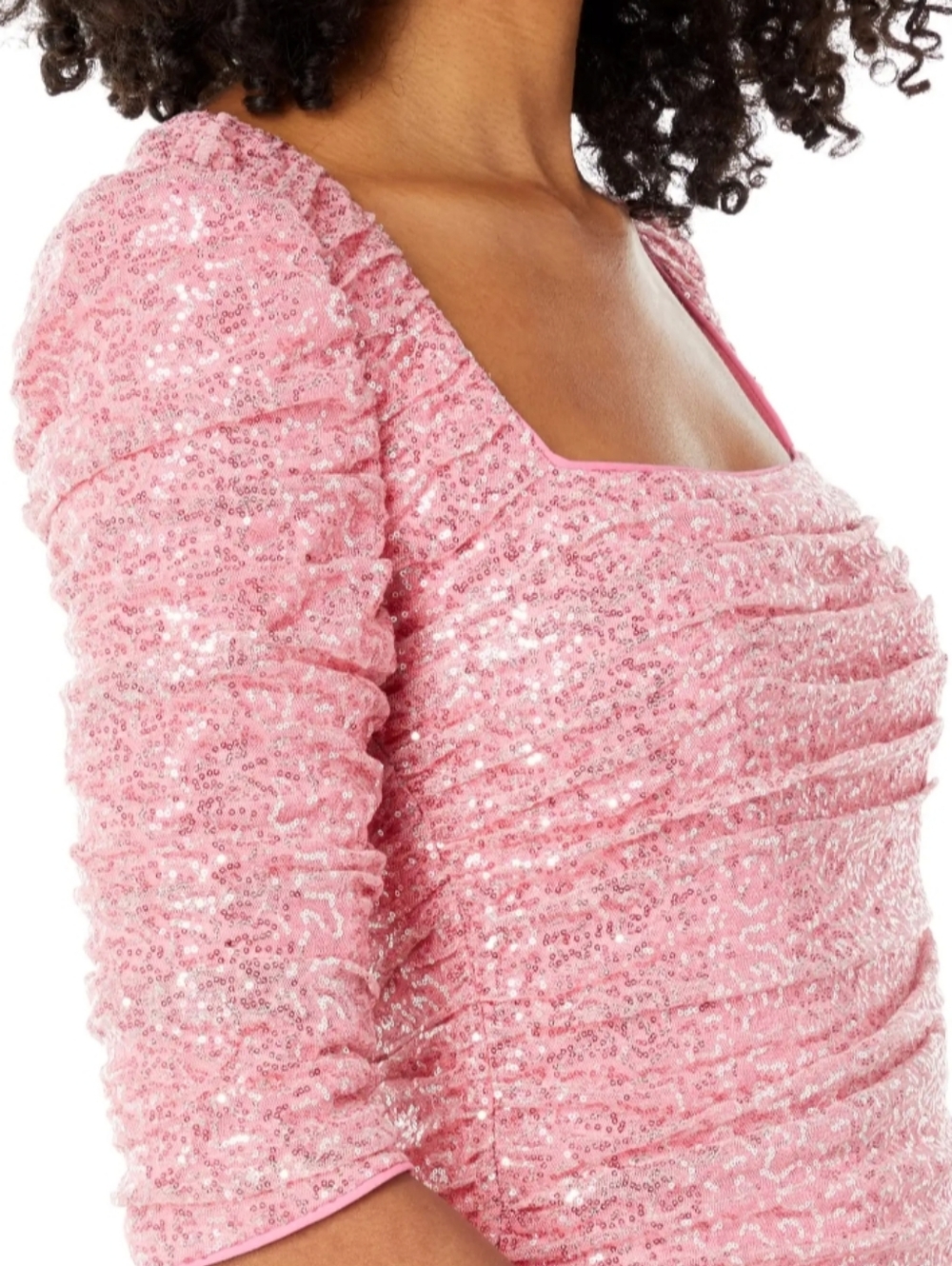 Badgley Mischka Light Pink Sequin Square Neck Ruched Cocktail Midi Dress 16 NWT - Picture 6 of 13